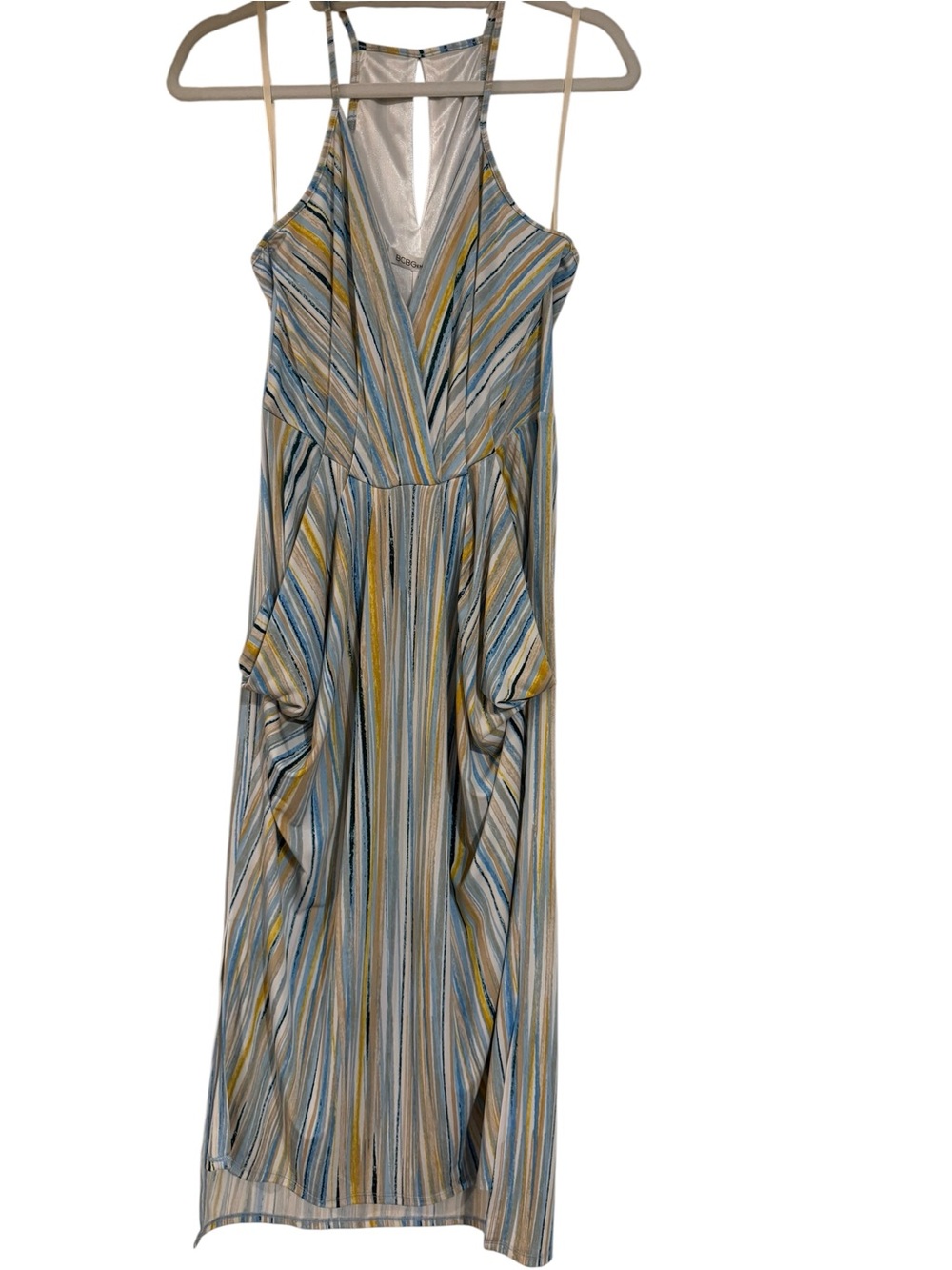 BCBGeneration Striped V-Neck Midi Dress in Blue, Yellow & Cream